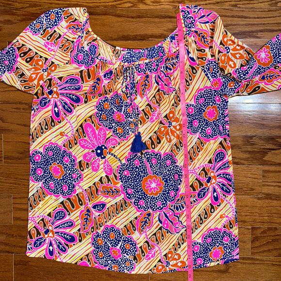 Trina Turk Silk Blend Colorful Abstract Floral 3/4 Sleeve Blouse Size Large - Picture 10 of 11